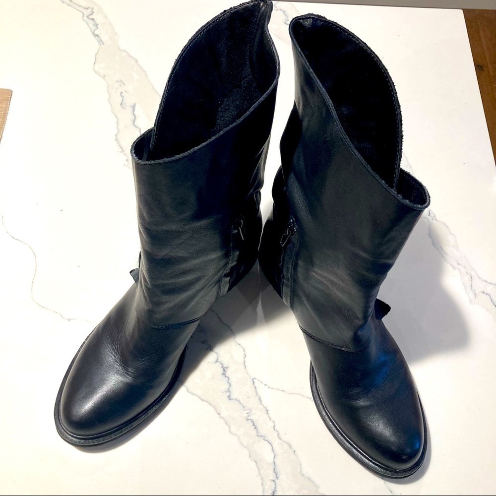 TWO BROS Sz40 Made in Italy Leather Moto Boot High Low Shaft w/  Buckles 2” Heel